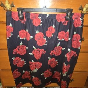 Black Midi Skirt with Red Rose Print